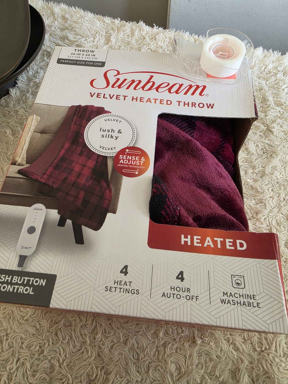 Sunbeam Burgundy and Black Velvet Heated Throw
